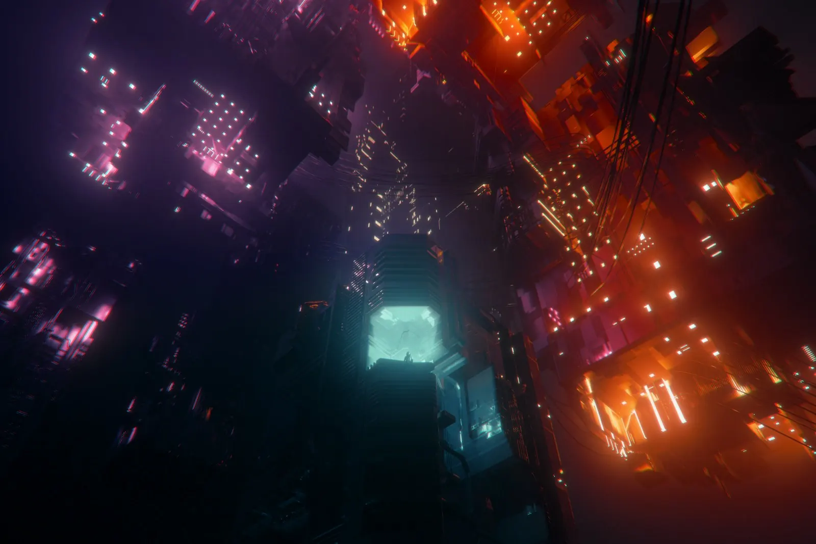 Looking down into a vast futuristic city glowing orange and teal